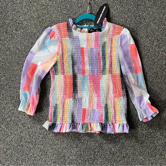 Tops - Colorful Geometric Print Ruffle 3/4 Sleeve Puff Shoulder Blouse Modest Top M-L